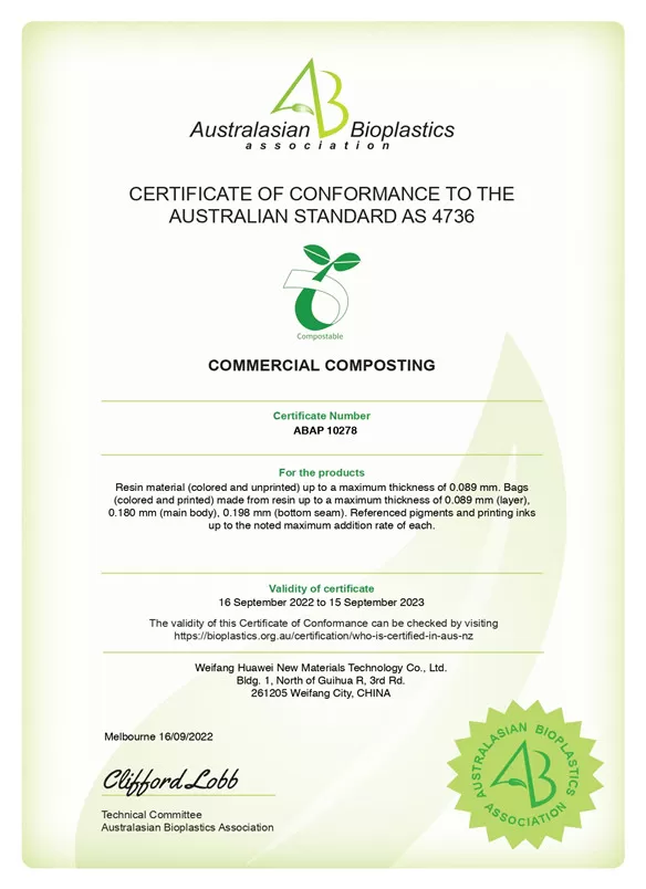 CERTIFICATE OF CONFORMANCE TO THE AUSTRALIAN STANDARD AS 4736