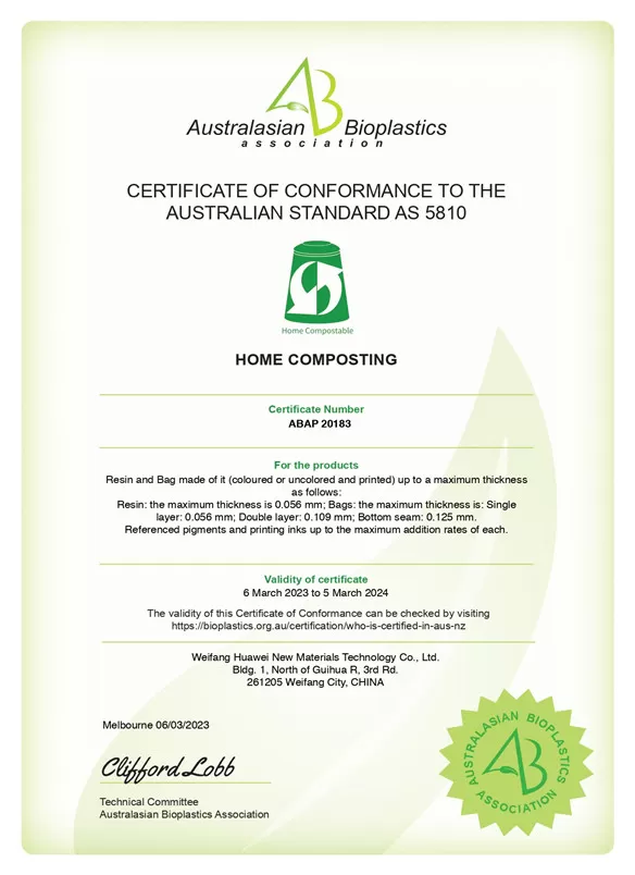 CERTIFICATE OF CONFORMANCE TO THE AUSTRALIAN STANDARD AS 5810